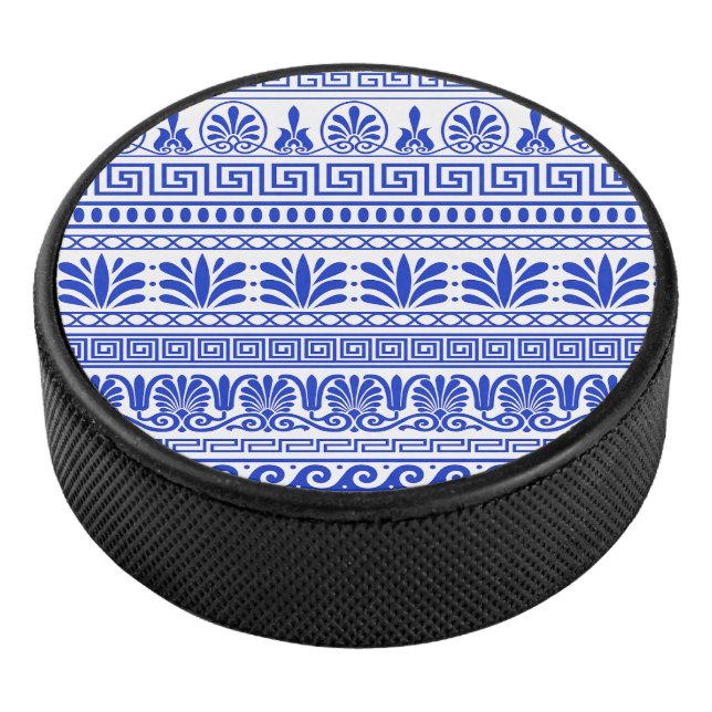 Griechischer Fret, Mittelmeer-Muster, Blau Eishockey Puck (3/4)