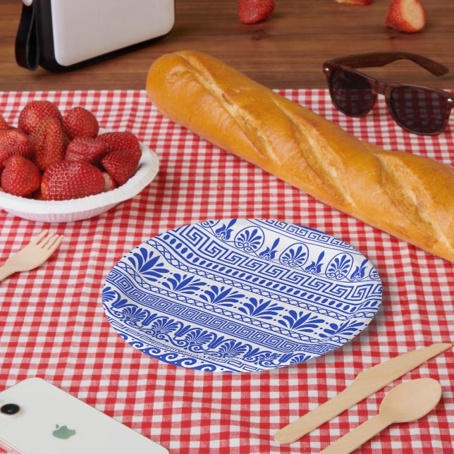 Griechischer Fret, Mittelmeer-Muster, Blau Pappteller (Picknick)