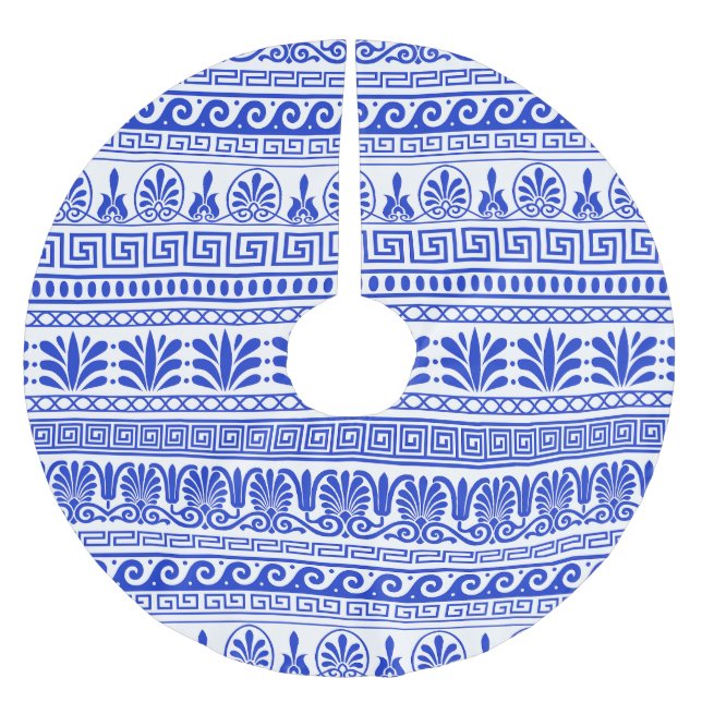 Griechischer Fret, Mittelmeer-Muster, Blau Polyester Weihnachtsbaumdecke (Vorderseite)
