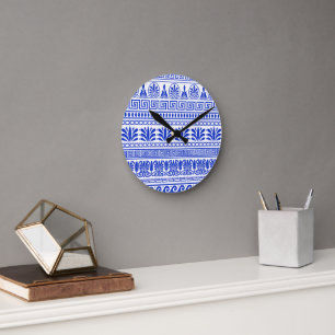 Griechischer Fret, Mittelmeer-Muster, Blau Runde Wanduhr