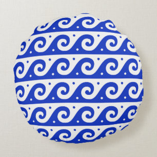 Griechischer Fret, Mittelmeer-Wellenmuster, Blau Rundes Kissen