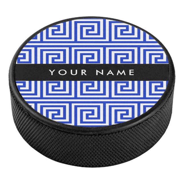 Griechischer Meander Key Blue, Ihr Name, personali Eishockey Puck (3/4)