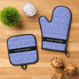 Griechischer Meander Key Blue, Ihr Name, personali Ofenhandschuh & Topflappen-Set