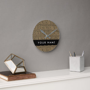 Griechischer Meander Key Brown, Ihr Name, personal Runde Wanduhr