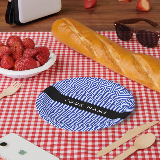 Griechischer Meander Key H Blue, Ihr Name, persona Pappteller (Picknick)