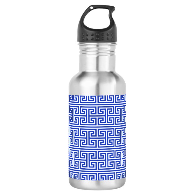 Griechischer Meander Key Square H Pattern Blau Edelstahlflasche (Vorderseite)