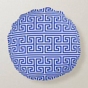 Griechischer Meander Key Square H Pattern Blau Rundes Kissen
