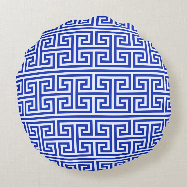 Griechischer Meander Key Square H Pattern Blau Rundes Kissen (Rückseite)