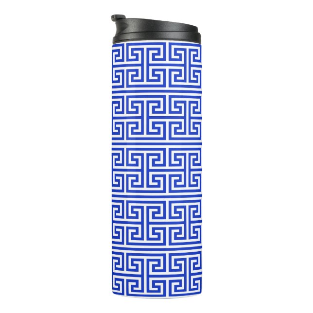Griechischer Meander Key Square H Pattern Blau Thermosbecher (Nach rechts gedreht)