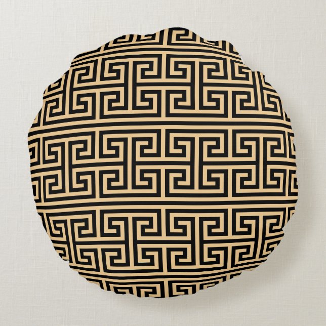 Griechischer Meander Key Square H Pattern Brown Rundes Kissen (Rückseite)