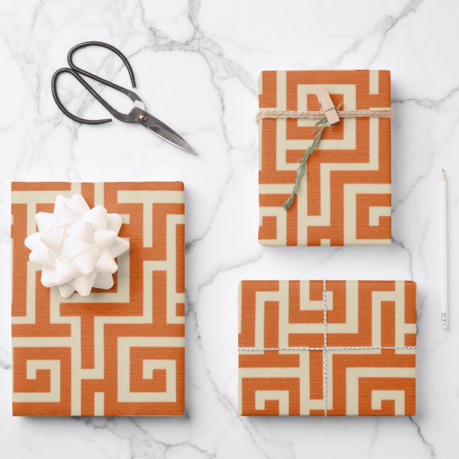 Griechischer Schlüssel Orange Geschenkpapier Set (Vorderseite)