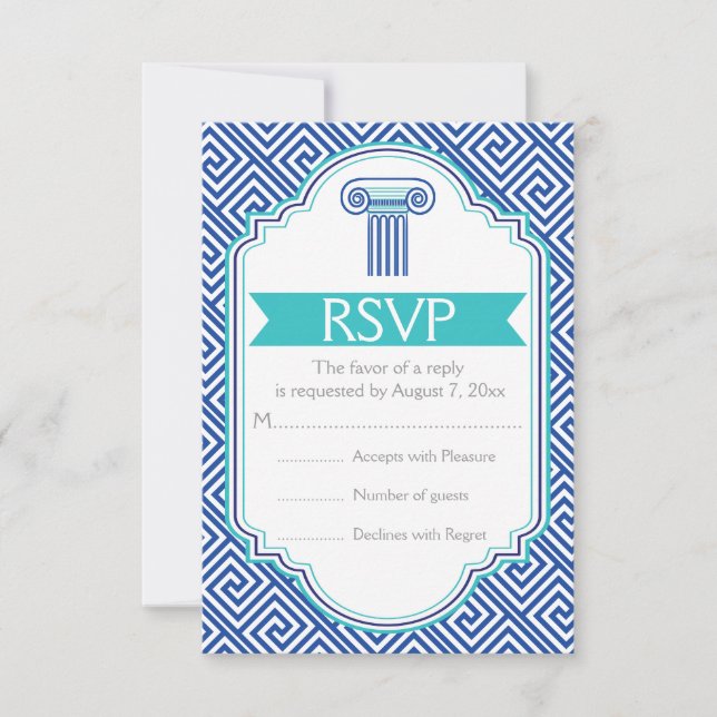 Griechischer Schlüssel und Aqua, Blauer Säulenhoch RSVP Karte (Vorderseite)