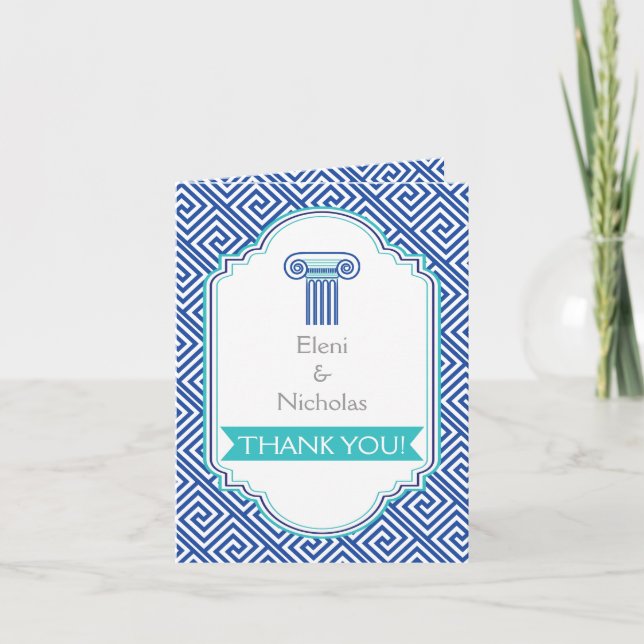 Griechischer Schlüssel und Aqua Blue Säule Hochzei Dankeskarte (Vorderseite)