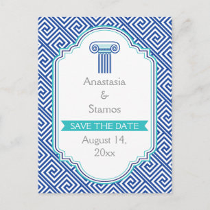 Griechischer Schlüssel und blaue Säule Hochzeit Sa Ankündigungspostkarte