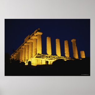 Griechischer Tempel nachts mit Gelbs und Orangen Poster