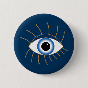 Griechisches Böse Auge mit Wimpern Blau Weiß Gold Button