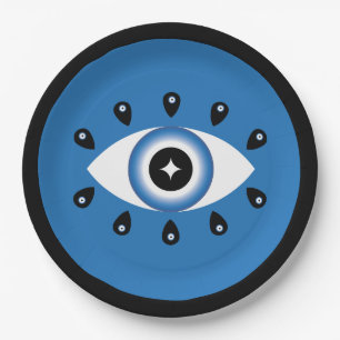 Griechisches Evil Eye Blau Schwarz-weiß Pappteller