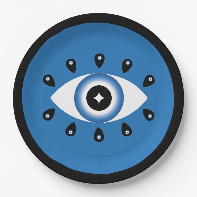 Griechisches Evil Eye Blau Schwarz-weiß Pappteller (Vorderseite)