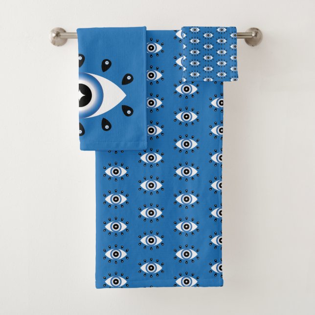 Griechisches Evil Eye Muster Blau Schwarz-weiß Badhandtuch Set (Insitu)