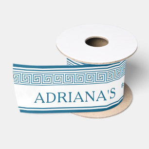 Griechisches Mäander-Muster in Blau mit individuel Satinband