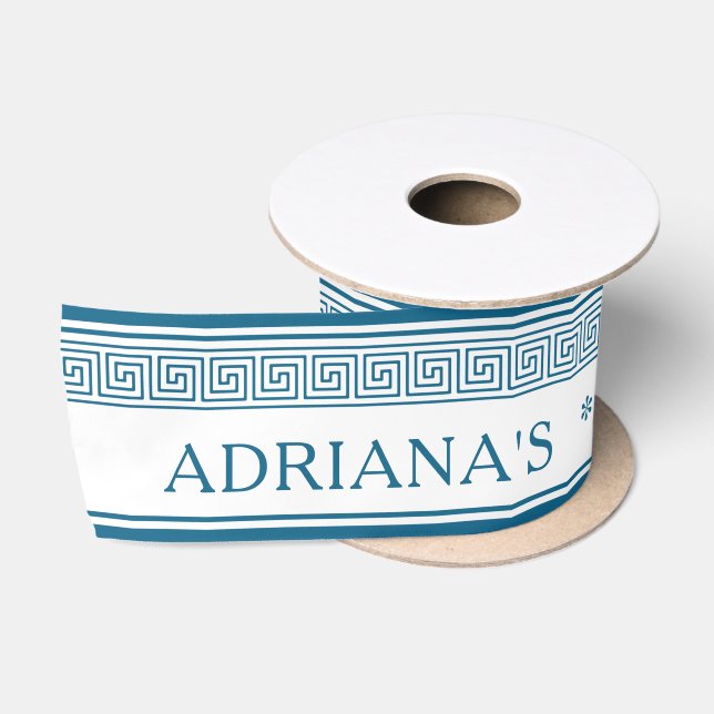 Griechisches Mäander-Muster in Blau mit individuel Satinband (Spule)
