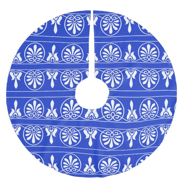 Griechisches Mittelmeer-Muster Blau Polyester Weihnachtsbaumdecke (Vorderseite)
