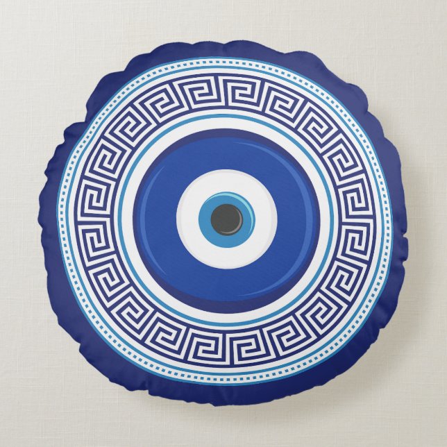 Griechisches Muster Nazar Amulet Rundes Kissen (Vorderseite)