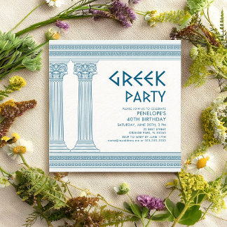 Griechisches Party Einladung mit blauen Säulen und