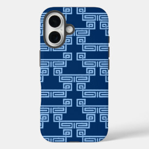 Griechisches Schlüssel-Mäander-Tier in Blau-Indigo iPhone 16 Hülle