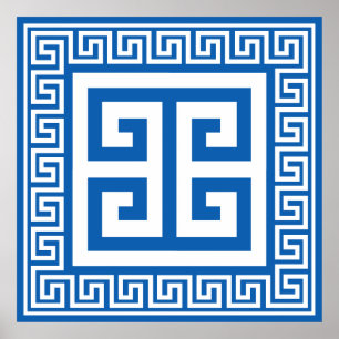 Griechisches Schlüssel-Muster Weiß- und Blau-Desig Poster
