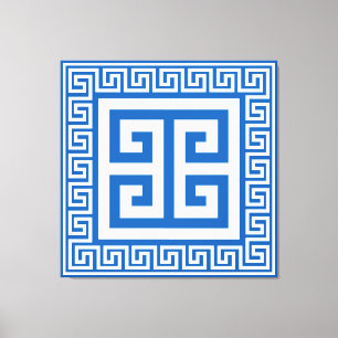 Griechisches Schlüssel-Muster Weiß und Blau Leinwa Leinwanddruck