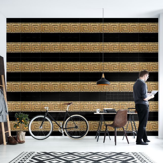 Griechisches Schlüsselgold für Black Designer Tapete (Wohnbereich)