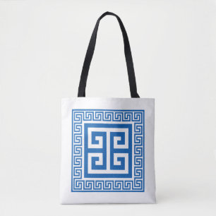 Griechisches Schlüsselmuster Blau und Weiß Tasche