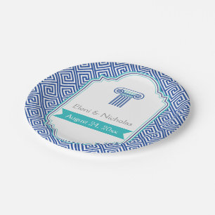 Griechisches Schlüsselmuster und Hochzeit in Aqua- Pappteller
