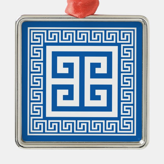 Griechisches Schlüsselmuster Weiß- und Blautöne Ornament Aus Metall (Vorne)