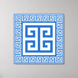 Griechisches Schlüsselmuster, weiße und blaue Lein Leinwanddruck