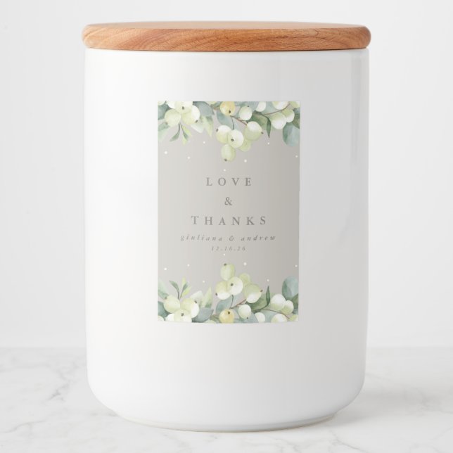 Griege Snowberry+Eucalyptus Winter Wedding Lebensmitteletikett (Vorderseite)