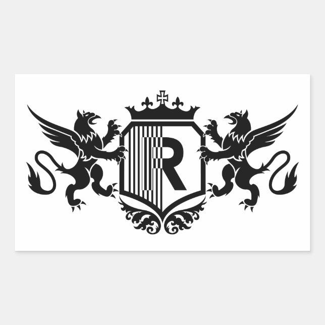 Griffine flankieren ein Schild mit dem Buchstaben  Rechteckiger Aufkleber (Vorderseite)