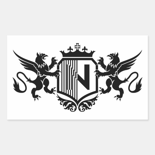 Griffins flankieren ein Schild mit dem Buchstaben  Rechteckiger Aufkleber (Vorderseite)
