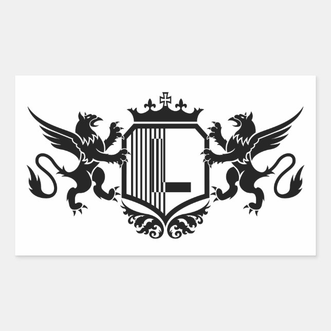 Griffins flankieren ein Schild mit dem Buchstaben  Rechteckiger Aufkleber (Vorderseite)