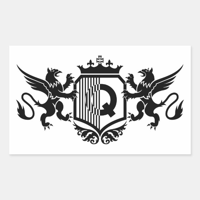 Griffins flankieren ein Schild mit dem Buchstaben  Rechteckiger Aufkleber (Vorderseite)
