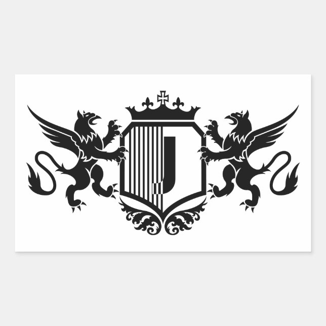 Griffins flankieren ein Schild mit dem Buchstaben  Rechteckiger Aufkleber (Vorderseite)