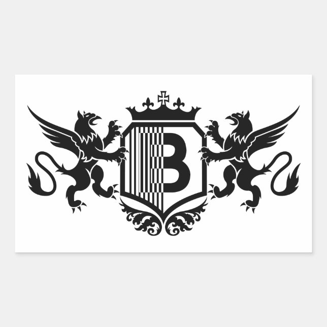 Griffins flankieren ein Schild mit dem Buchstaben  Rechteckiger Aufkleber (Vorderseite)