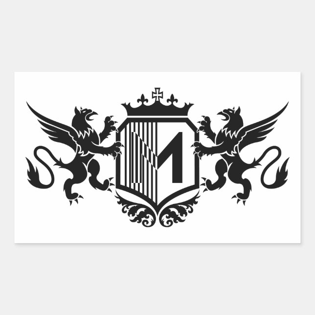 Griffins flankieren ein Schild mit dem Buchstaben  Rechteckiger Aufkleber (Vorderseite)