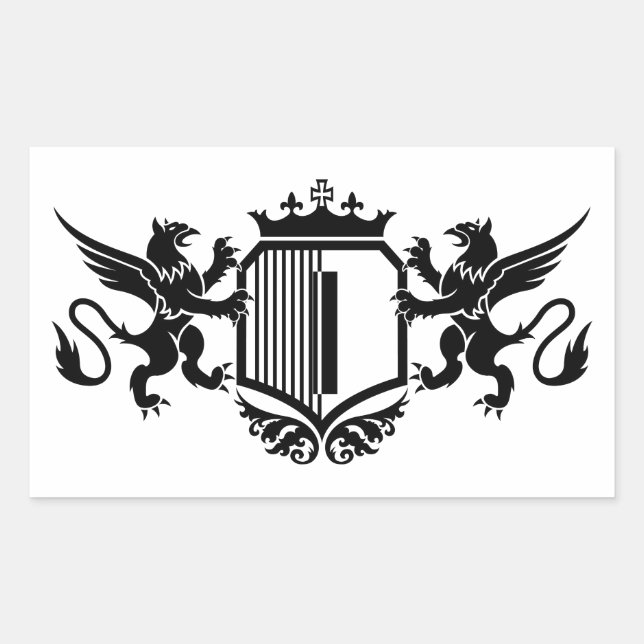 Griffins flankieren ein Schild mit dem Buchstaben  Rechteckiger Aufkleber (Vorderseite)