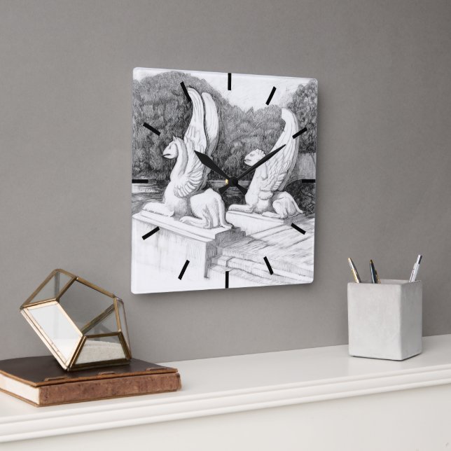 Griffins Skulptur monochrome Stifte Kunst Quadratische Wanduhr (Büro)