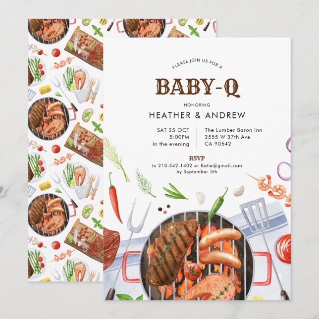 Gril Baby-Q GRILLEN Party Backyard Babydusche Einladung (Vorne/Hinten)