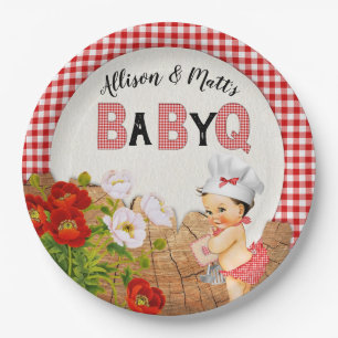 Grill des Baby-Duschen-roter Gingham-Baby-Q Pappteller