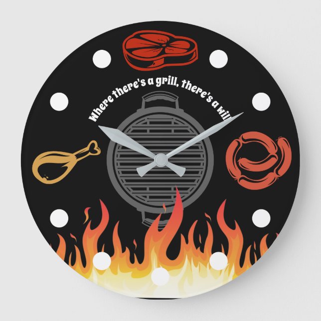 Grill Grill Fleisch Schweinehühnchen Flammen GRILL Große Wanduhr (Vorderseite)