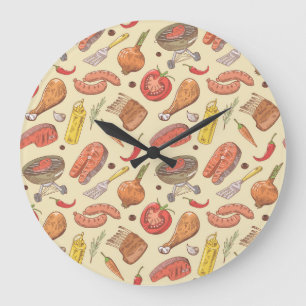 Grill, Grill, handgezeichnet, nahtloser Hintergrun Große Wanduhr